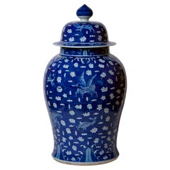 Vintage Blue and White Auspicious Creatures Dark Blue Field Porcelain Temple Jar