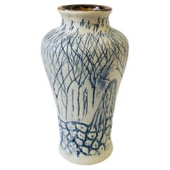 Vintage Blue and White Carved Studio Pottery Vase
