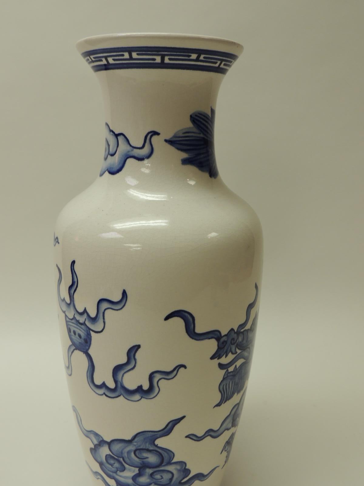 Hand-Crafted Vintage Blue and White Porcelain Asian Tall Vase