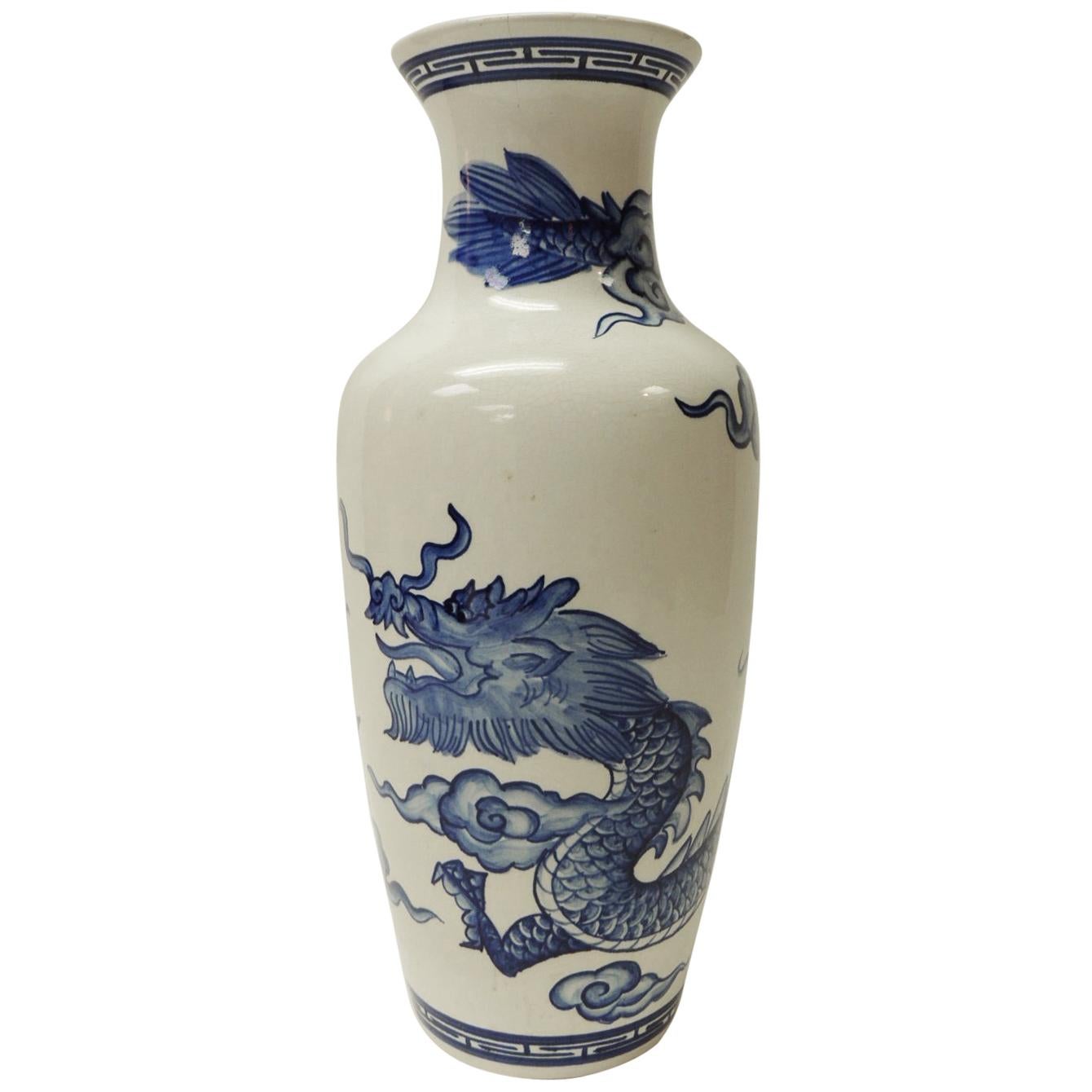 Vintage Blue and White Porcelain Asian Tall Vase