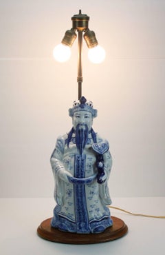 Vintage Blue and White Ceramic Chinese Figural Lamp