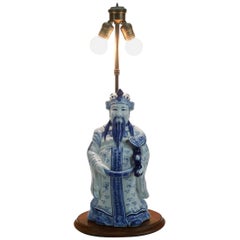 Vintage Blue and White Ceramic Chinese Figural Lamp