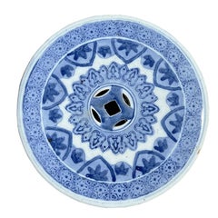 Vintage Blue and White Ceramic Chinoiserie Garden Stool With Floral Scroll Motif