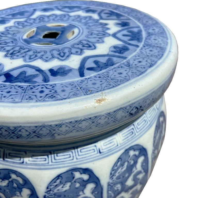 Hong Kong Vintage Blue and White Ceramic Chinoiserie Garden Stool With Floral Scroll Motif For Sale