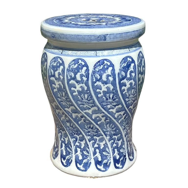 Vintage Blue and White Ceramic Chinoiserie Garden Stool With Floral Scroll Motif In Good Condition For Sale In Oklahoma City, OK