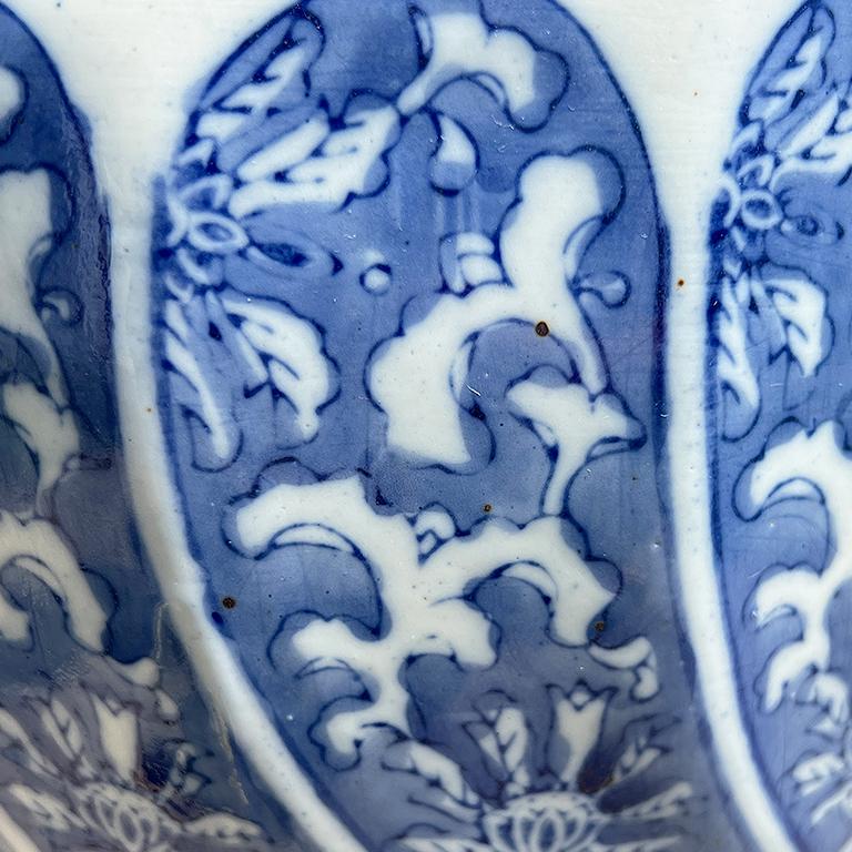 Vintage Blue and White Ceramic Chinoiserie Garden Stool With Floral Scroll Motif For Sale 2