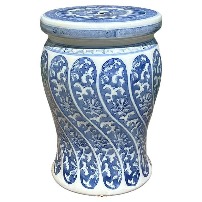Vintage Blue and White Ceramic Chinoiserie Garden Stool With Floral Scroll Motif For Sale