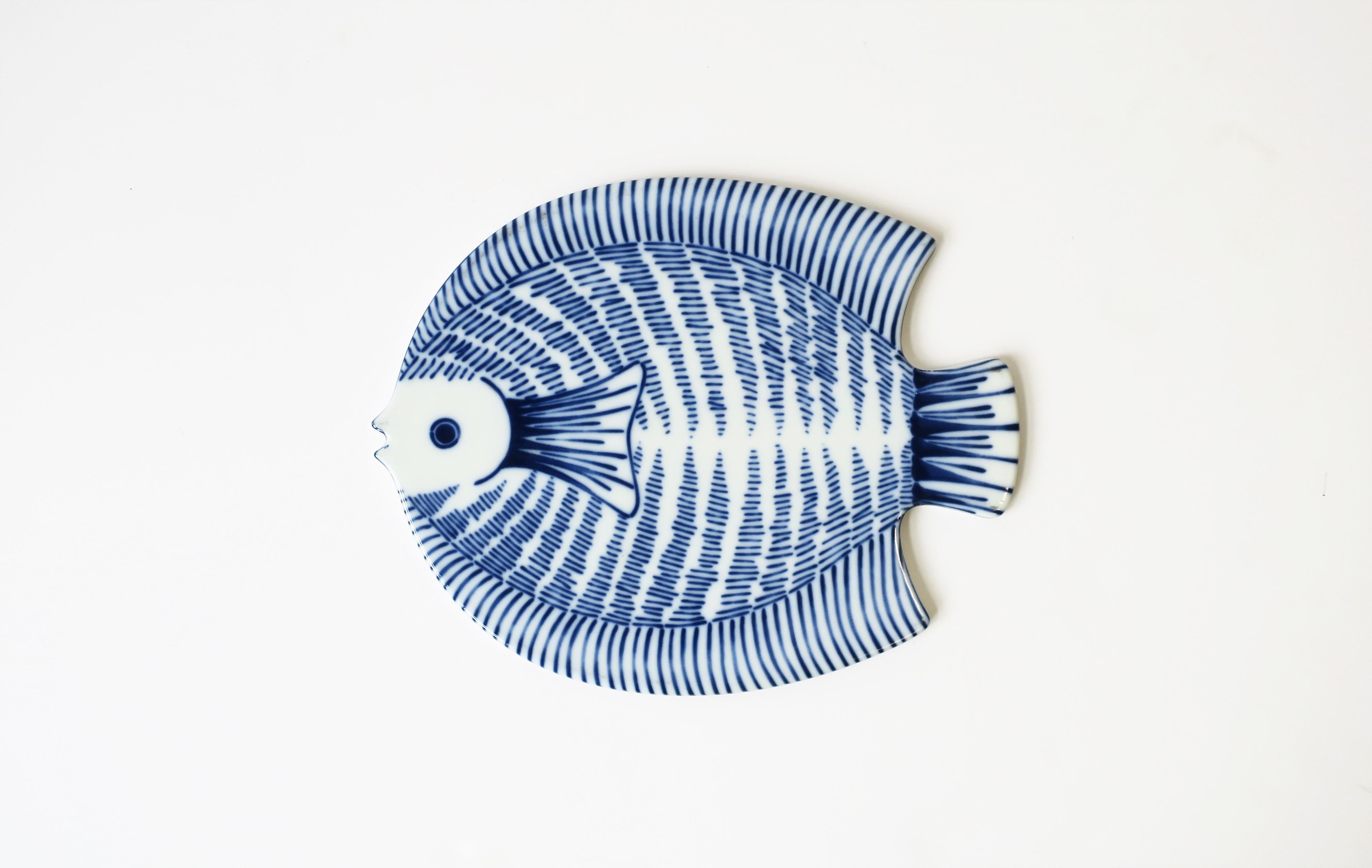 Glazed Vintage Blue and White Ceramic Fish Trivet or Wall Art