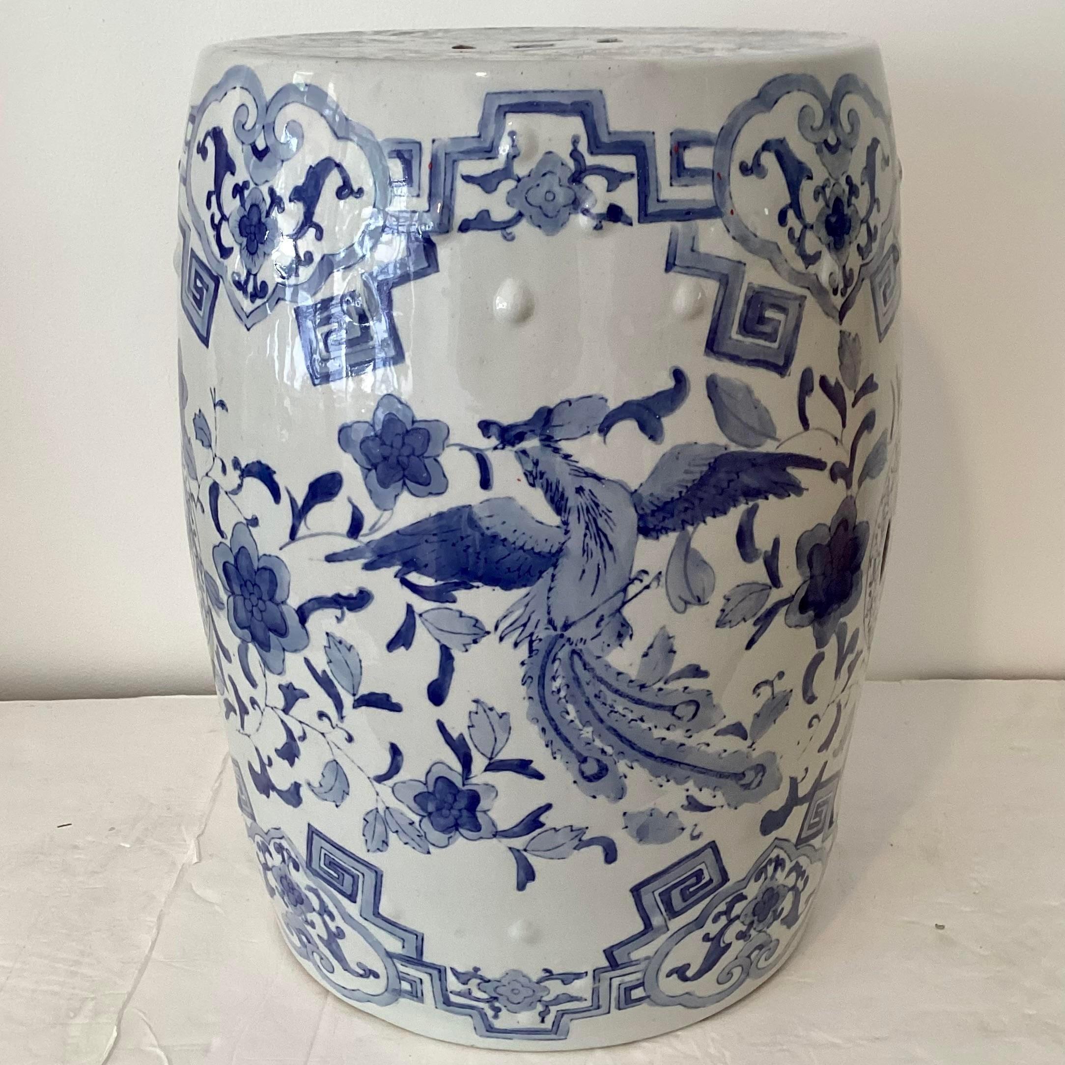 Mid-20th Century Vintage Blue and White Ceramic Garden Seat For Sale