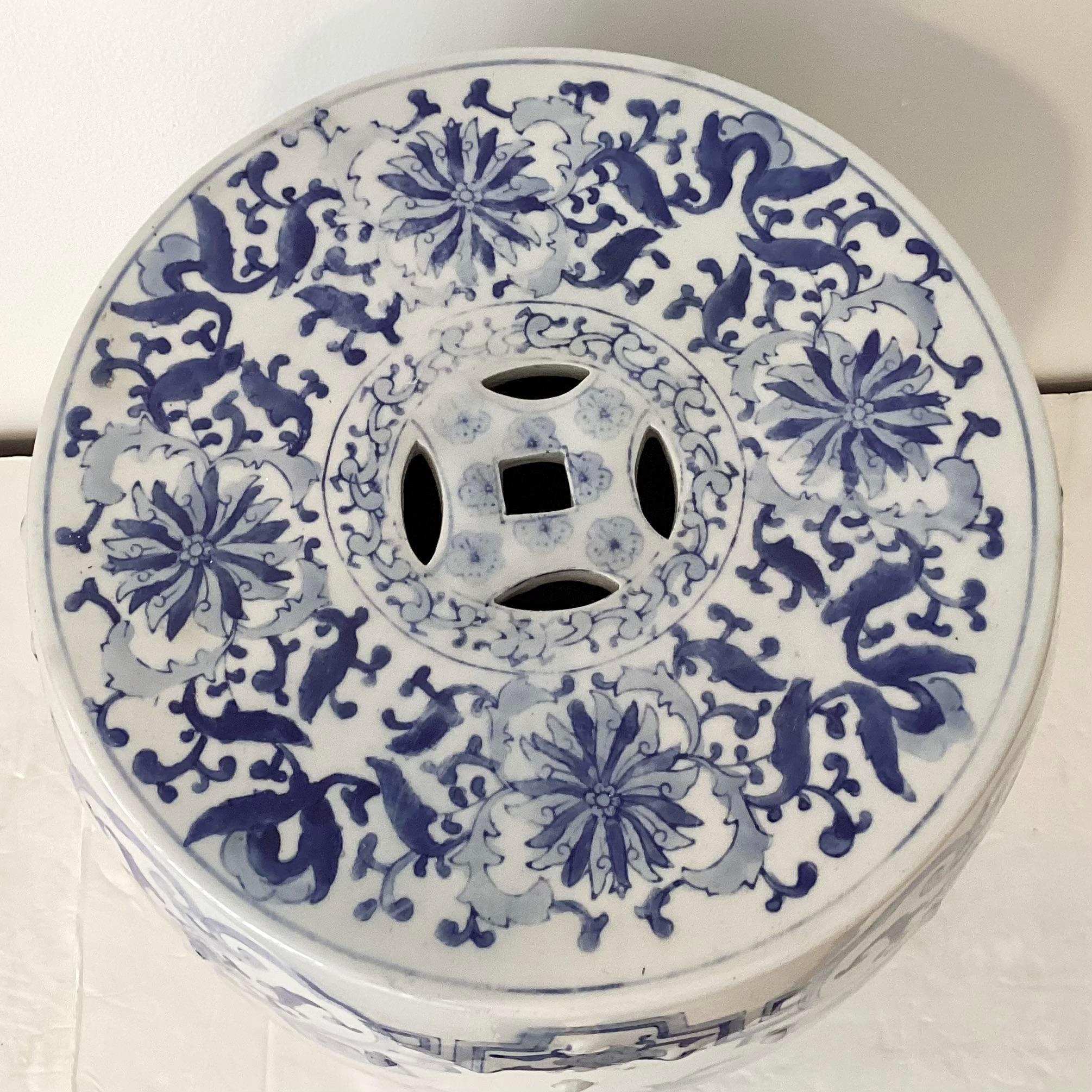 Vintage Blue and White Ceramic Garden Seat For Sale 1