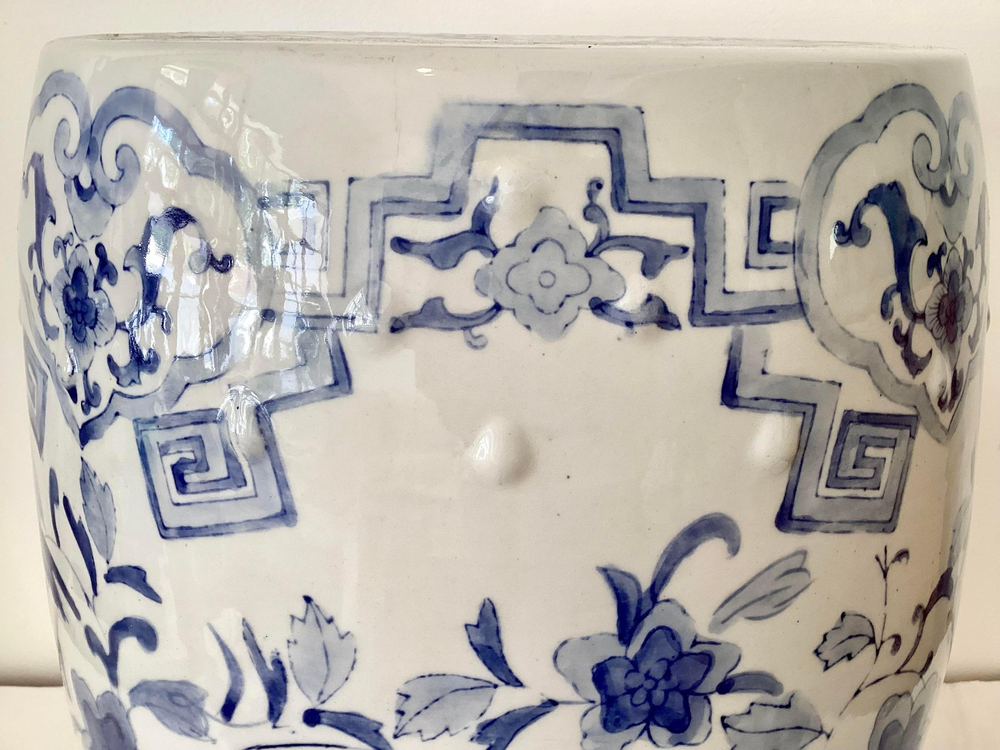 Vintage Blue and White Ceramic Garden Seat For Sale 2