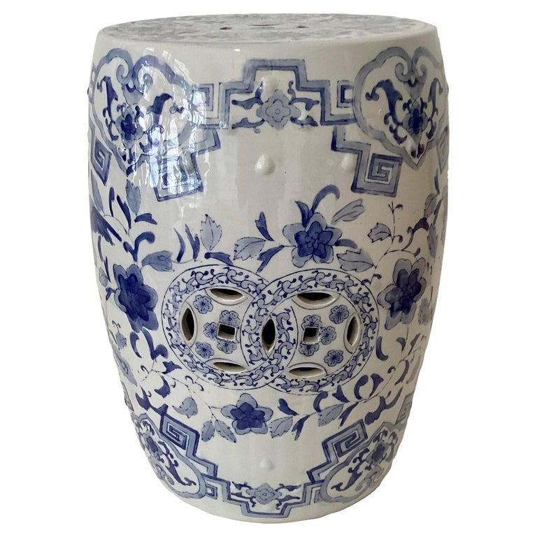 Vintage Blue and White Ceramic Garden Seat For Sale at 1stDibs