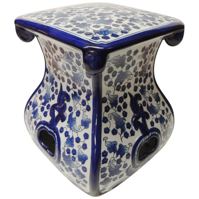 Vintage Blue and White Ceramic Painted Garden Stool For Sale at 1stdibs