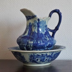 Vintage Blue and White Ceramic Wash Bowl and Water Pitcher in Victorian Style