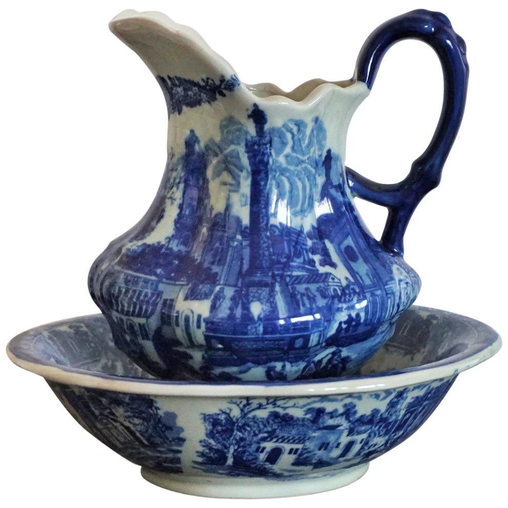 Vintage Blue and White Ceramic Wash Bowl and Water Pitcher in Victorian Style