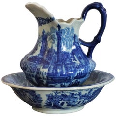 Vintage Blue and White Ceramic Wash Bowl and Water Pitcher in Victorian Style