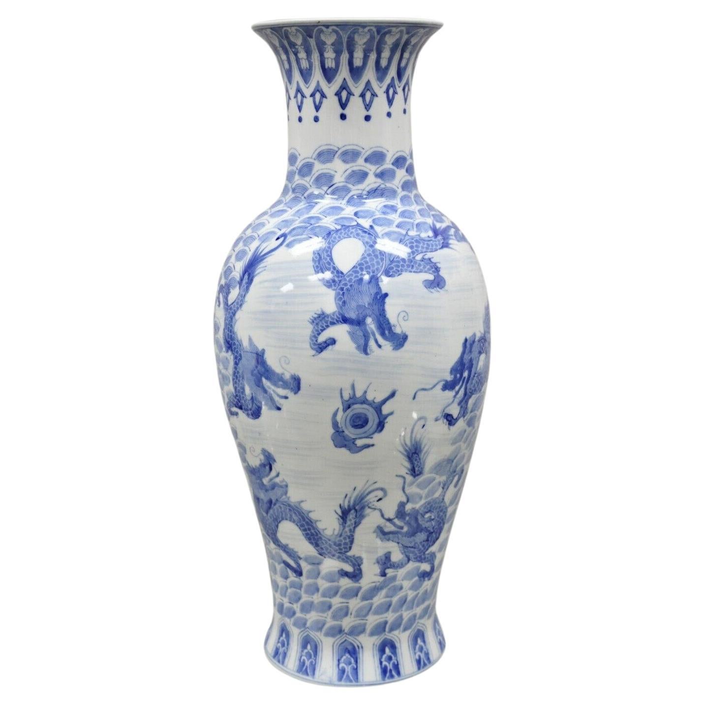 Vintage Blue and White Delf Style Porcelain Chinese Export 25" Tall Dragon Vase