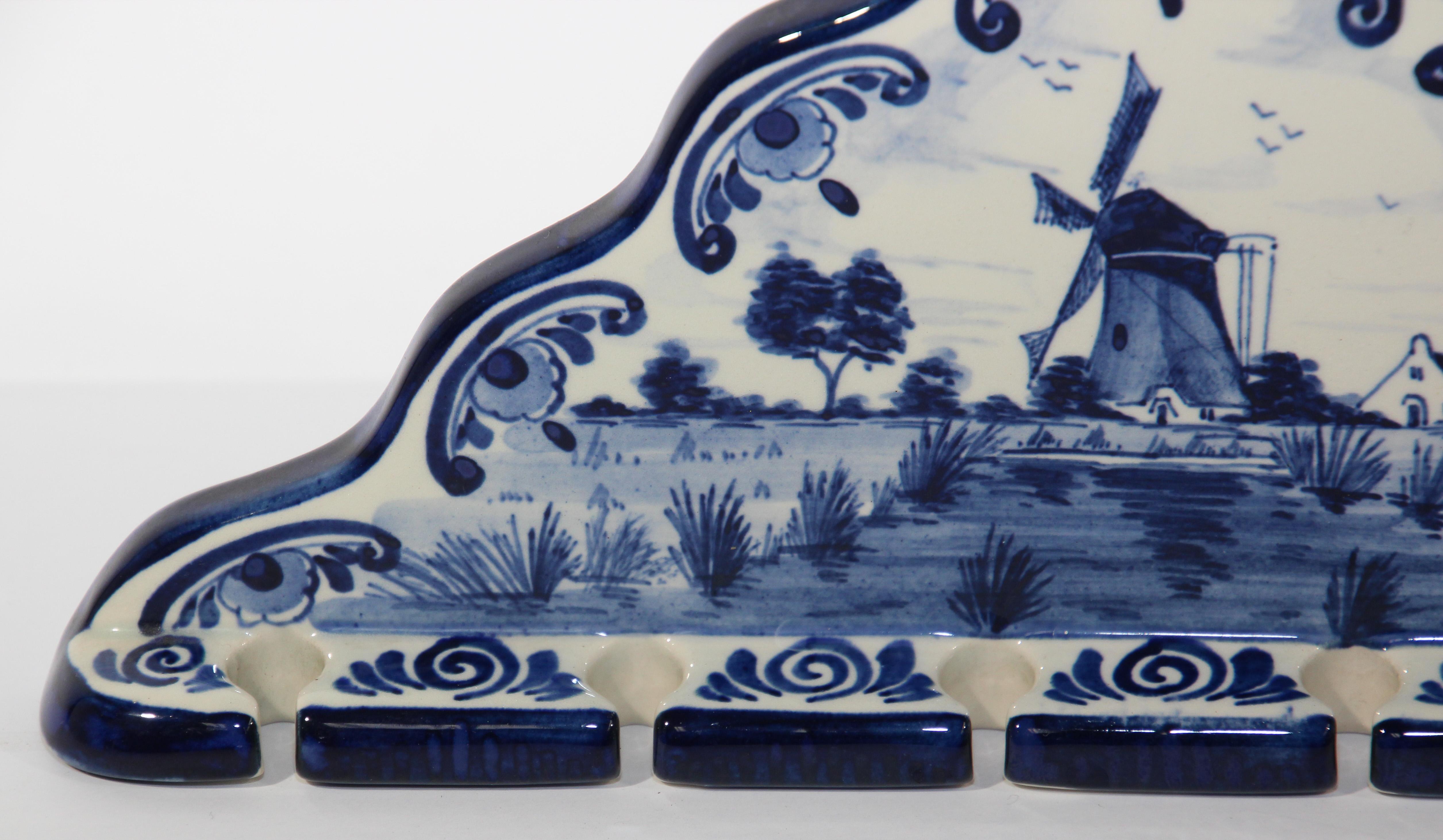 Folk Art Vintage Blue and White Delft Porcelain Spoon Rack For Sale
