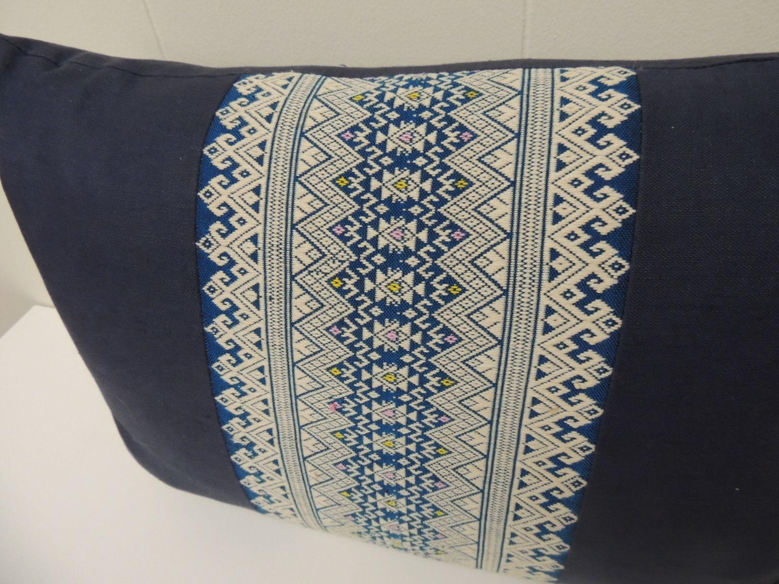Vintage Asian embroidered decorative bolster pillow, Pillow with an intricate woven silk-on-silk centered trim framed with royal blue textured linen. The same textured royal blue linen in the front was used to finish the back of the accent pillow.
