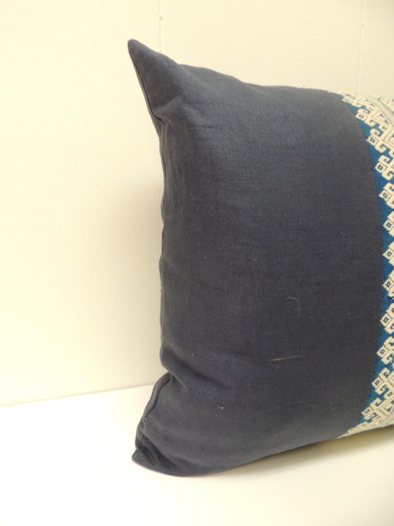 Vintage Blue and White Embroidered Asian Decorative Lumbar Pillow For