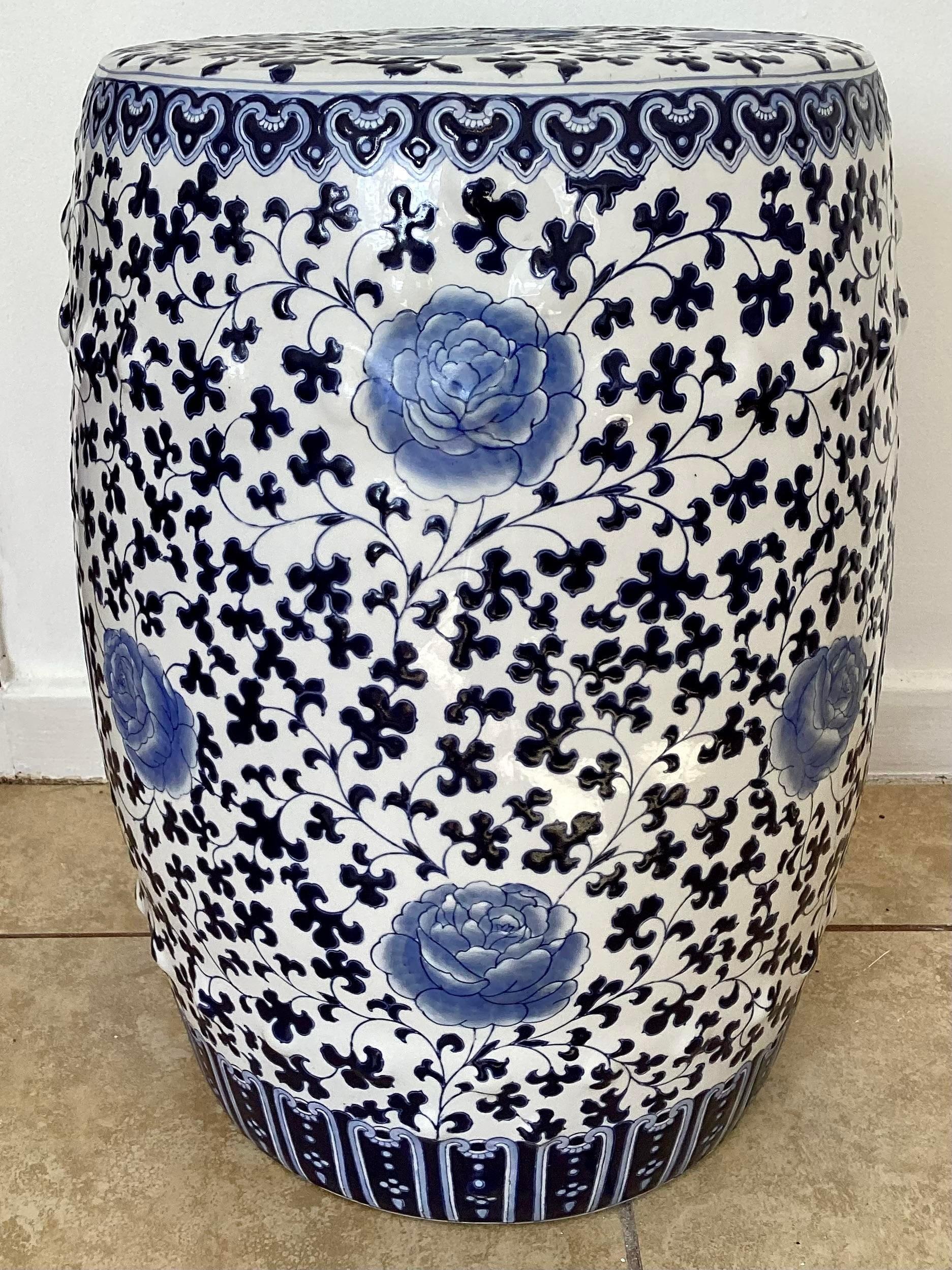 Beautiful blue and white ceramic garden seat with floral drawings. Great addition to your interiors and patio to hold your drinks and snacks.