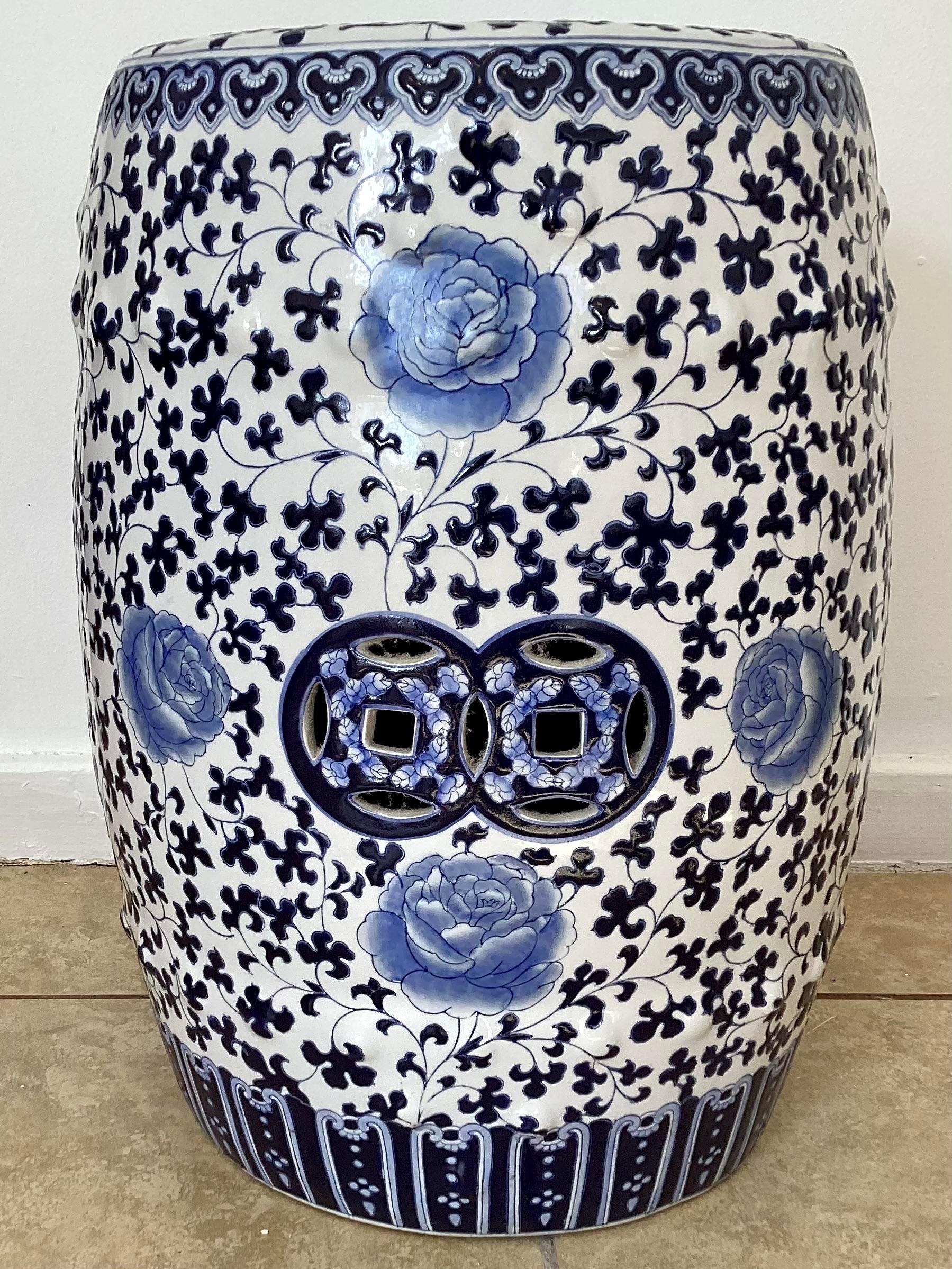 Chinoiserie Vintage Blue and White Garden Seat For Sale