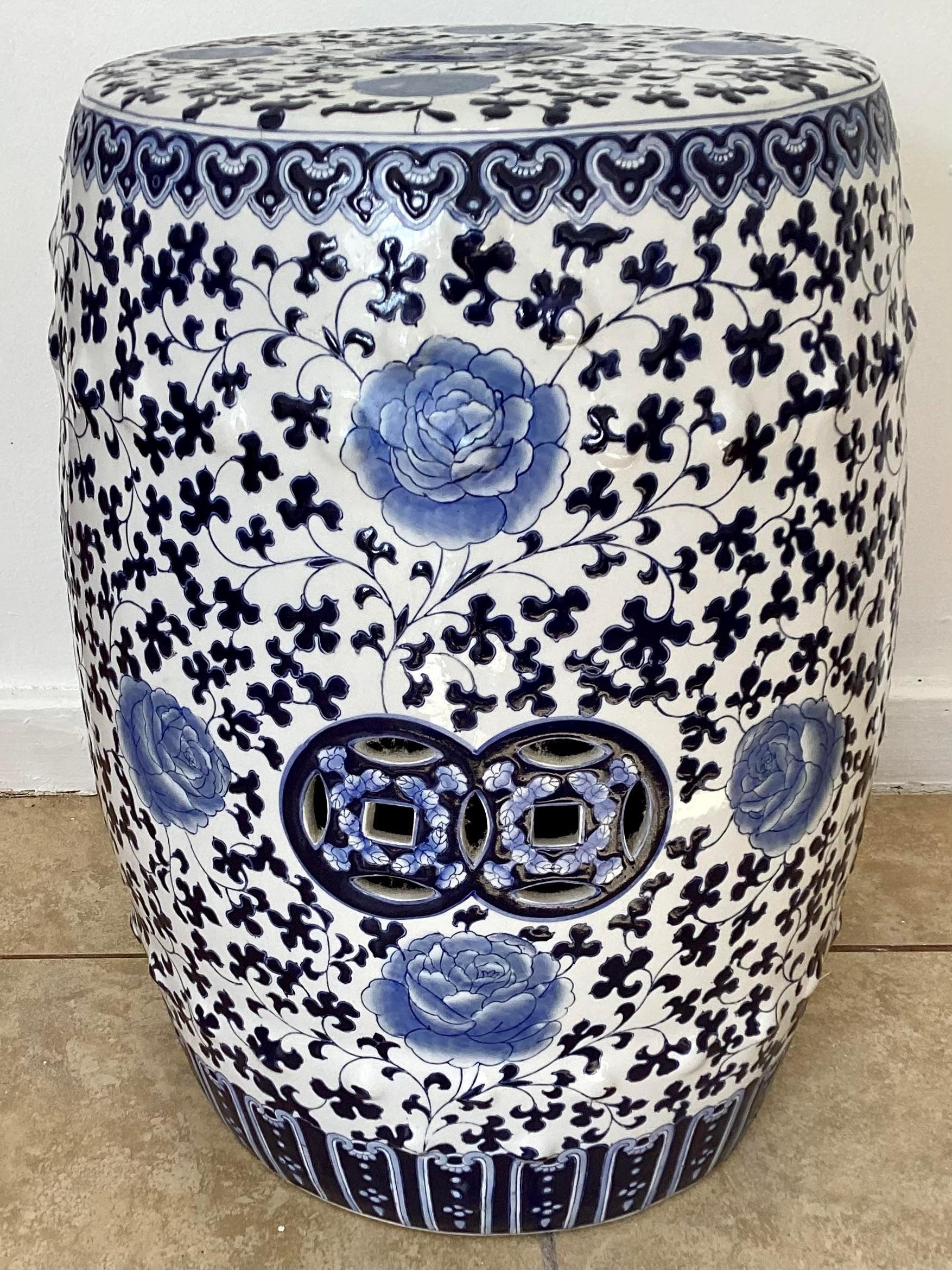 Ceramic Vintage Blue and White Garden Seat For Sale