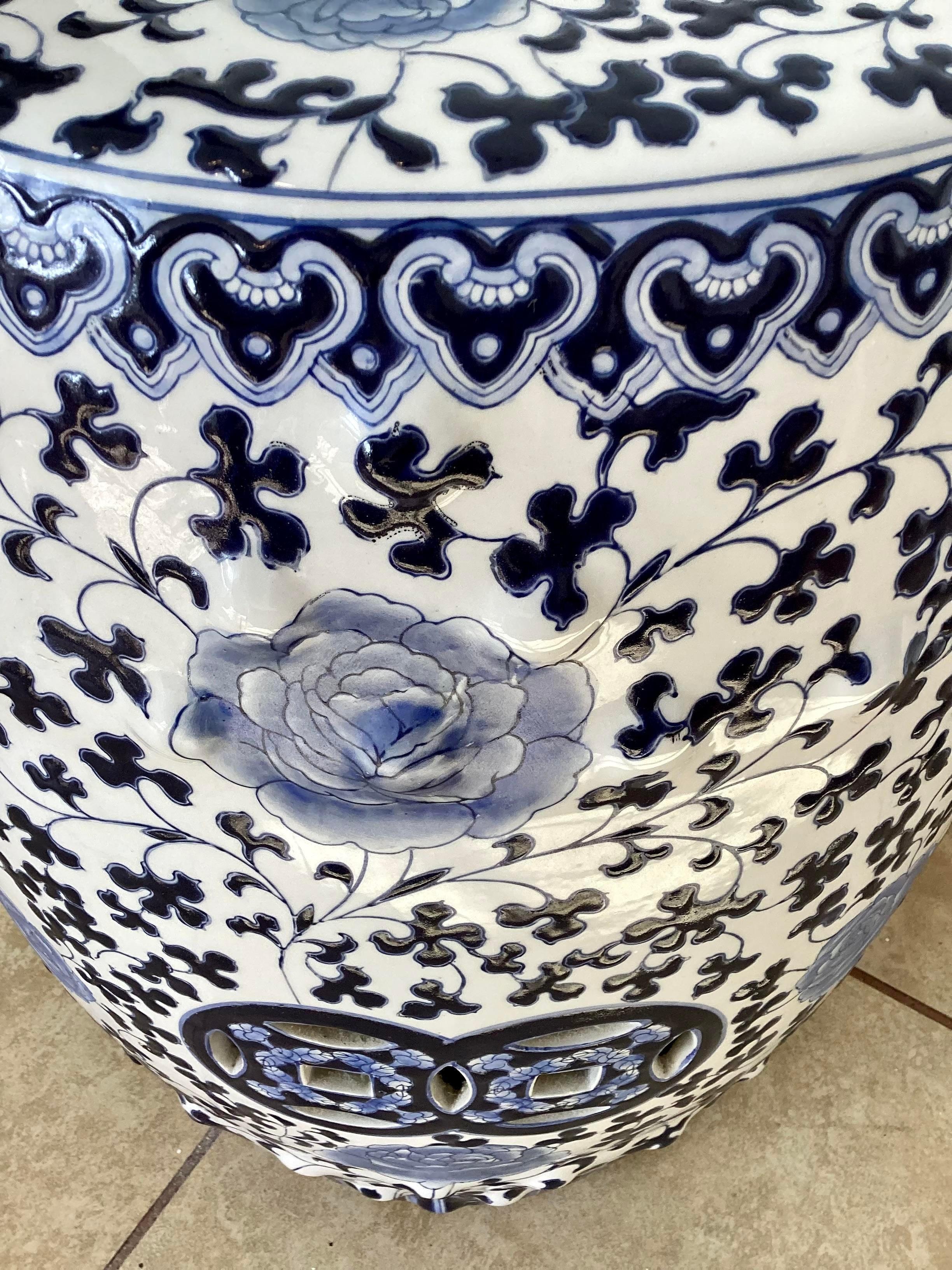 Vintage Blue and White Garden Seat For Sale 3