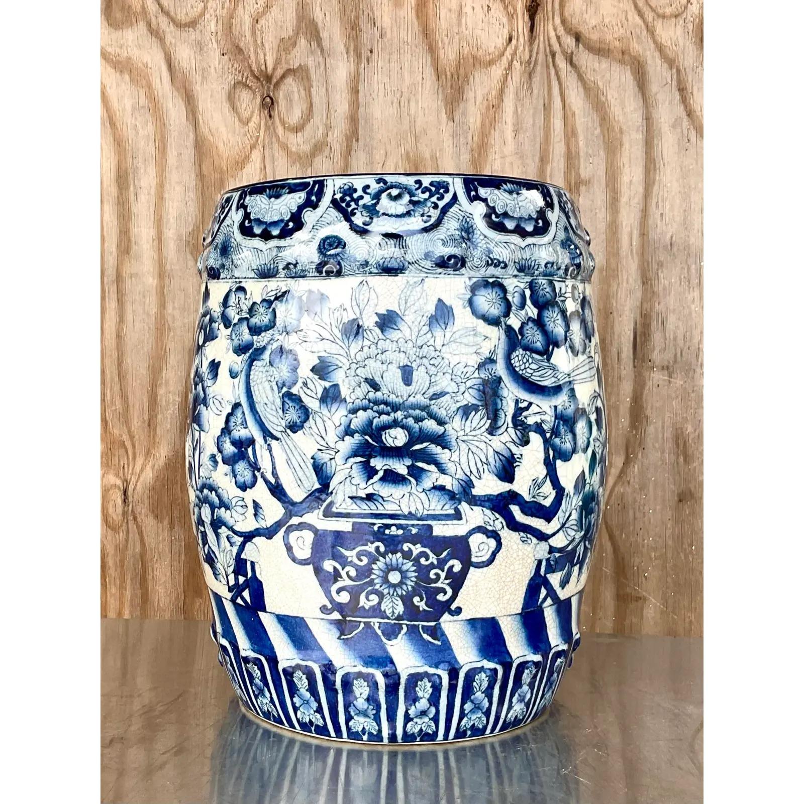 Ming Vintage Blue and White Garden Stool For Sale