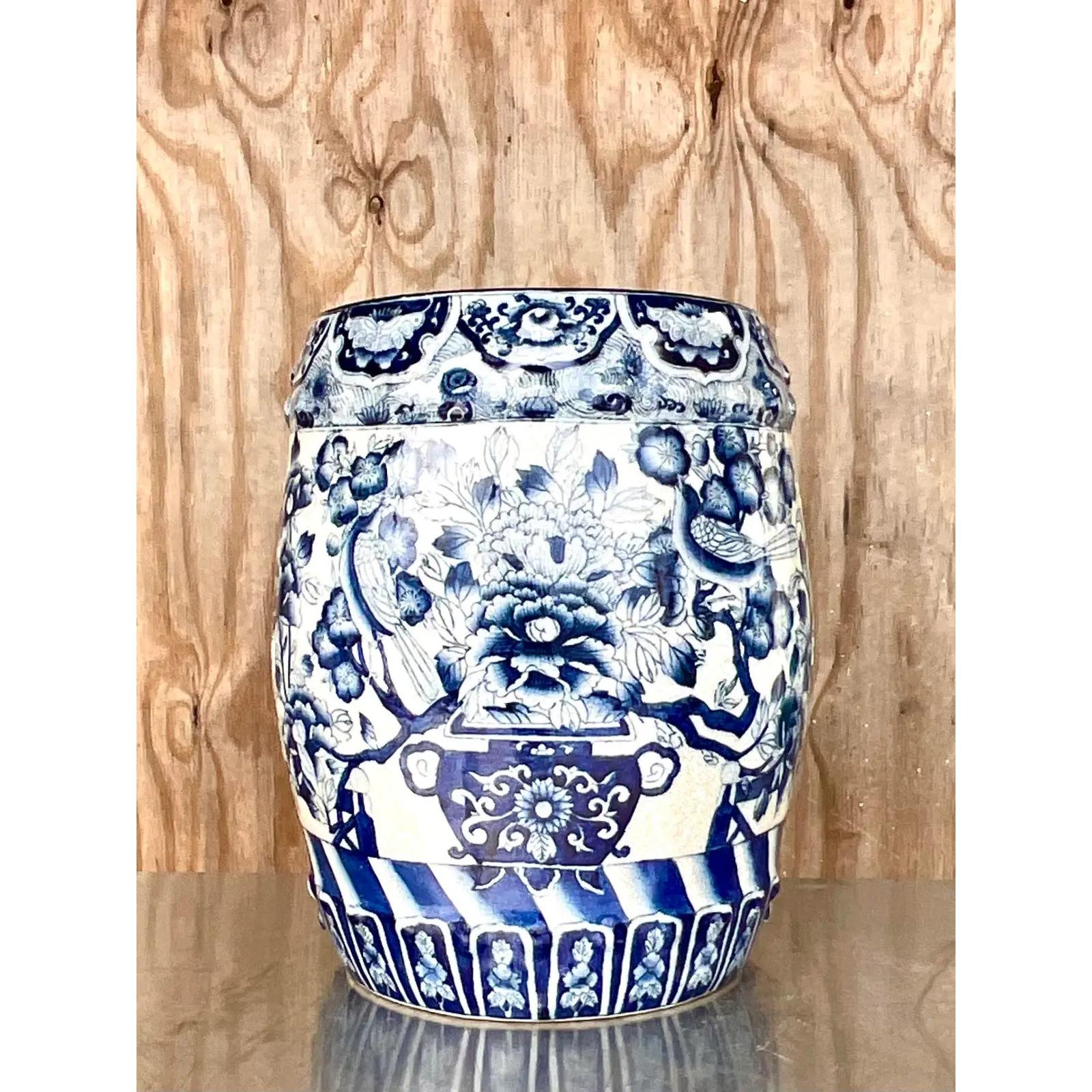 North American Vintage Blue and White Garden Stool For Sale
