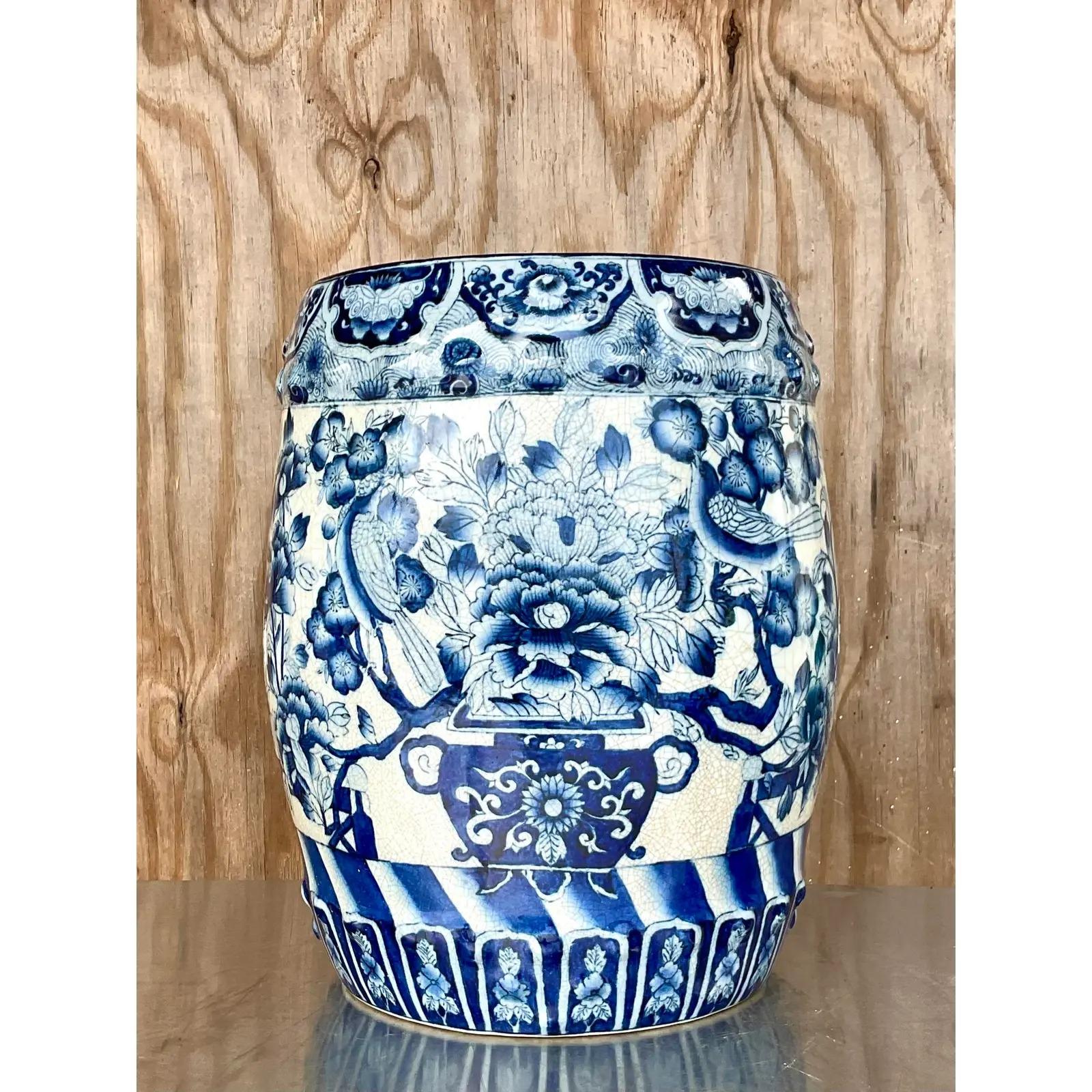 Vintage Blue and White Garden Stool In Good Condition For Sale In west palm beach, FL