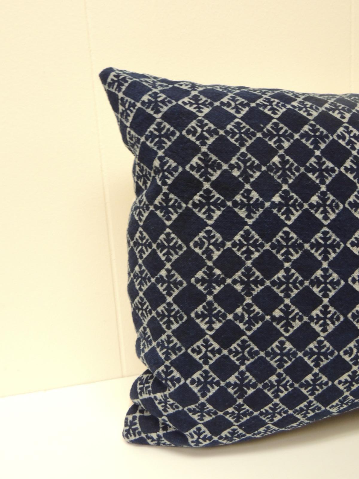 Vintage blue and white hand-blocked decorative lumbar pillow
with a diamond motif pattern. Hand-blocked textile of white onto an indigo background. 
Lumbar decorative pillow finished with a white basket weave backing. 
Decorative pillow handcrafted