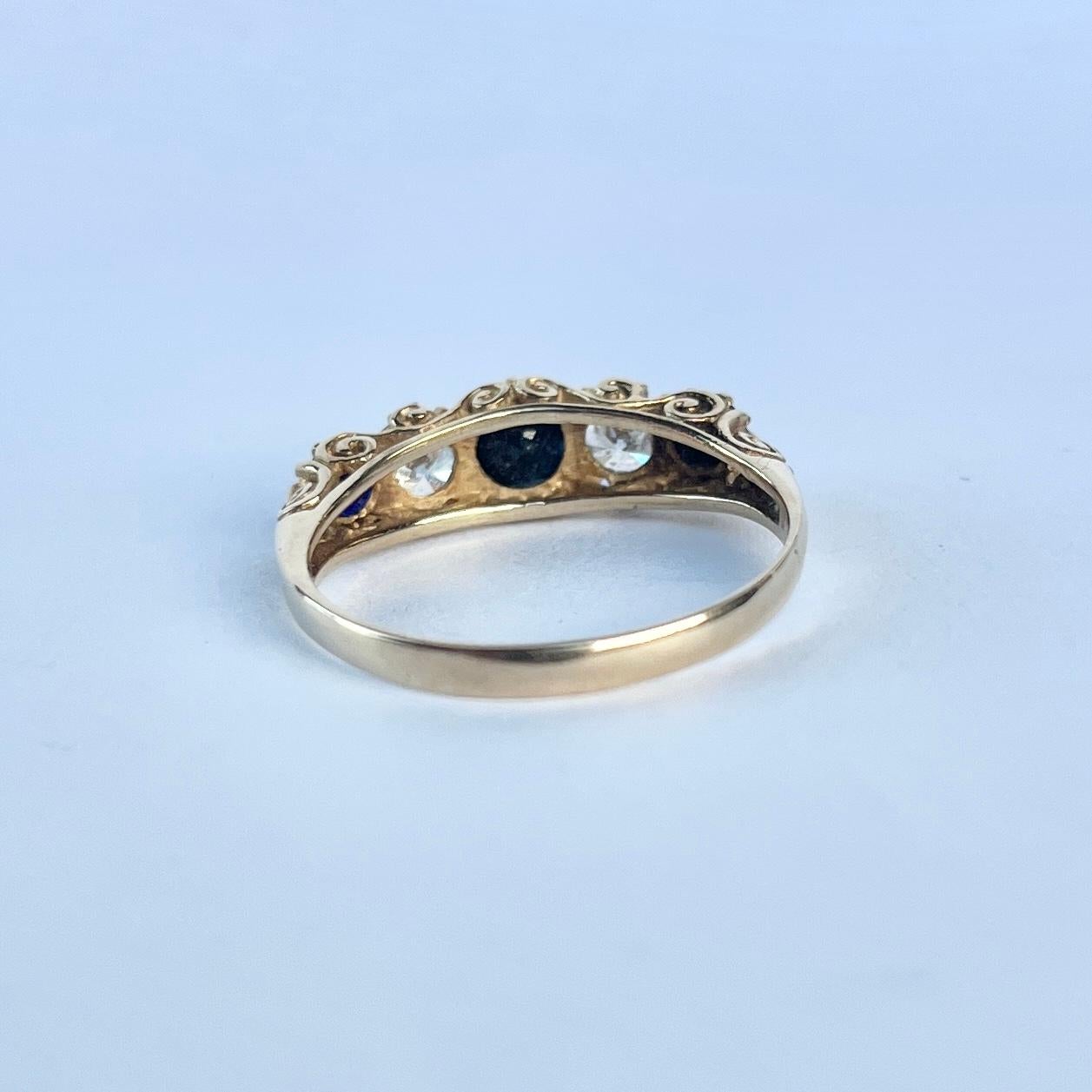 Women's Vintage Blue and White Paste 9 Carat Gold Five-Stone Ring For Sale