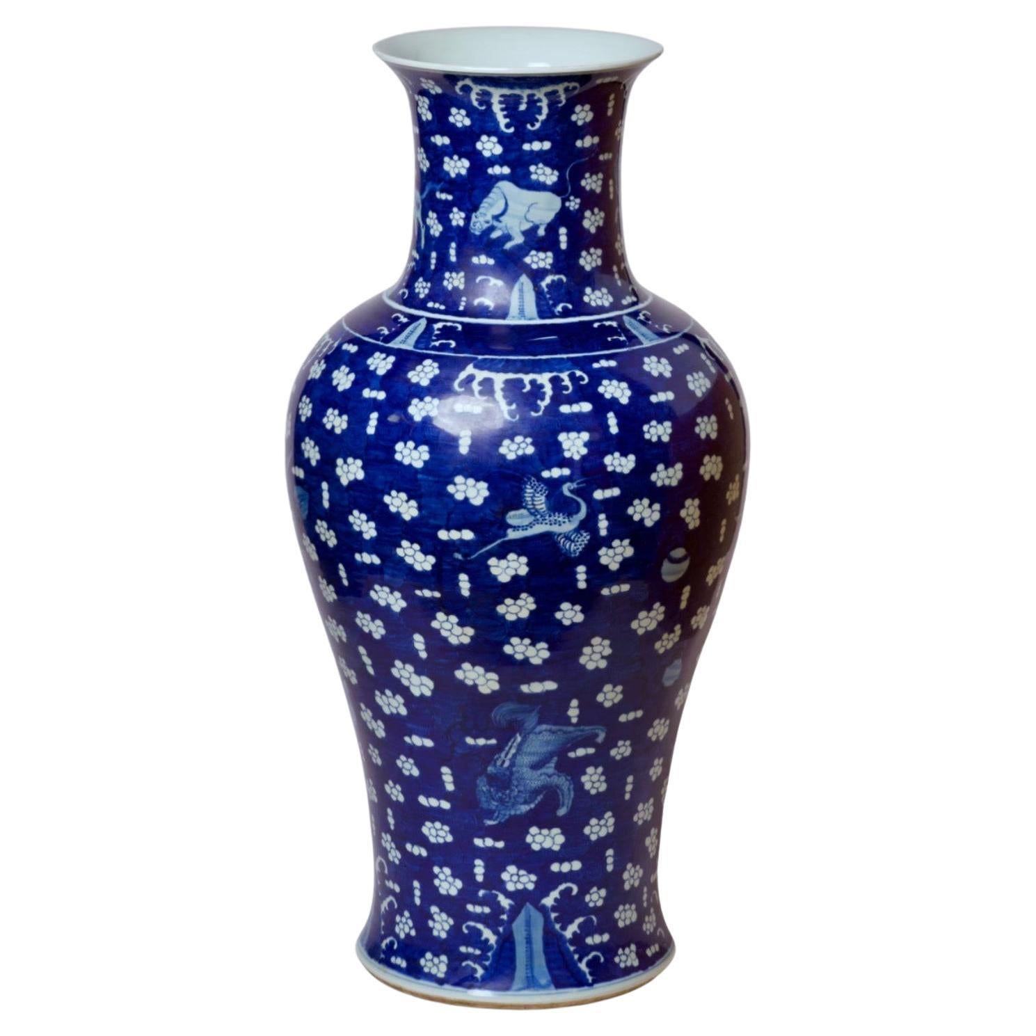 Vintage Blue and White Porcelain Dark Blue Auspicious Creatures Floor Vase