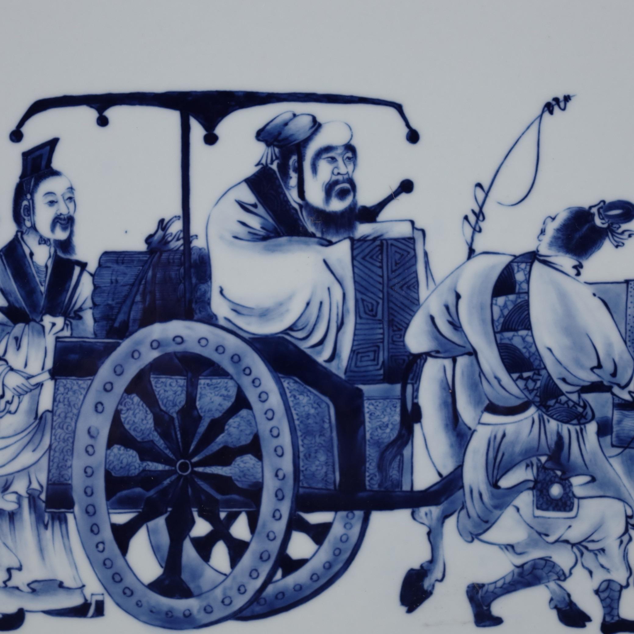 19th Century Vintage Chinese Handpainted Blue White Porcelain Plaque of Confucius Preaching For Sale