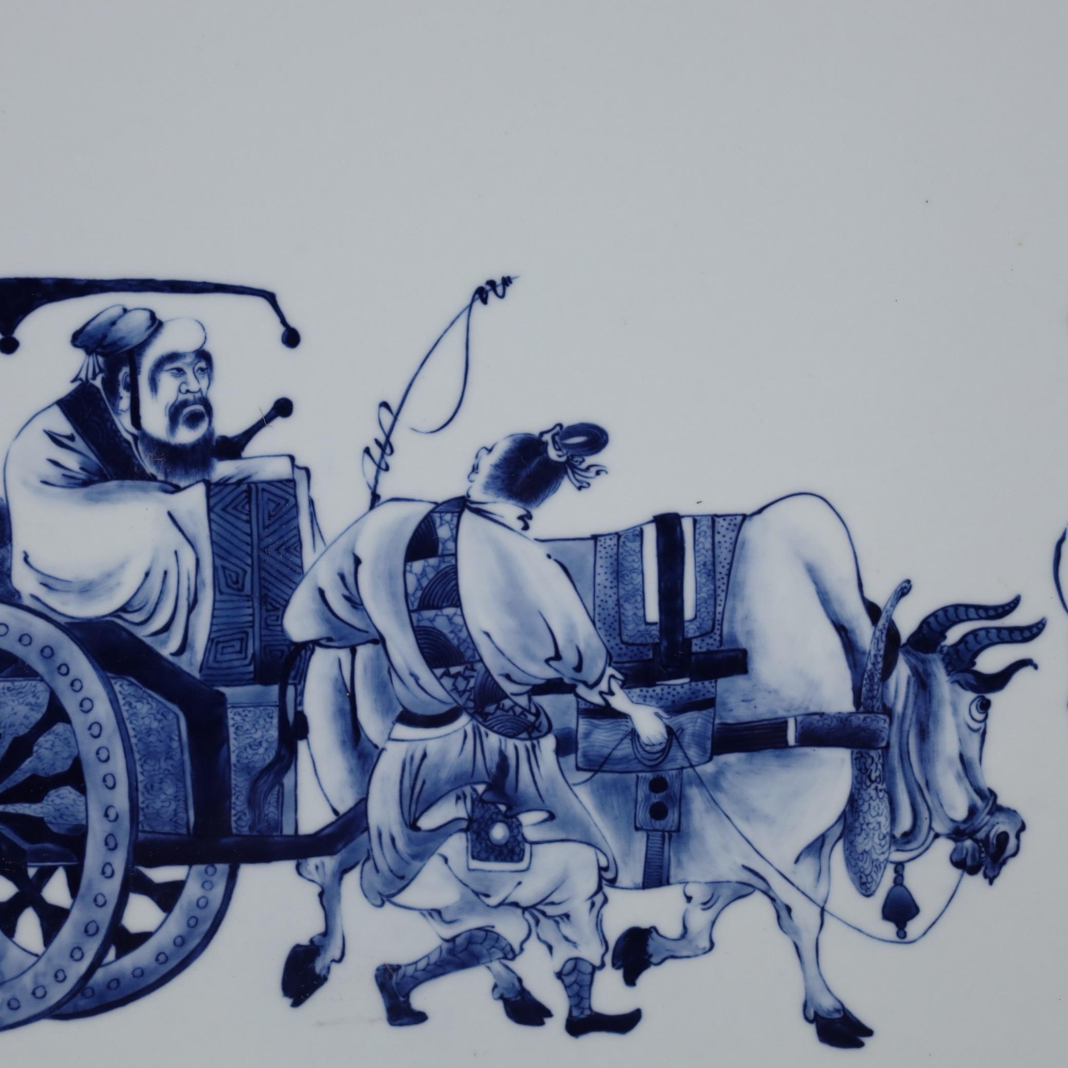 Vintage Chinese Handpainted Blue White Porcelain Plaque of Confucius Preaching For Sale 1