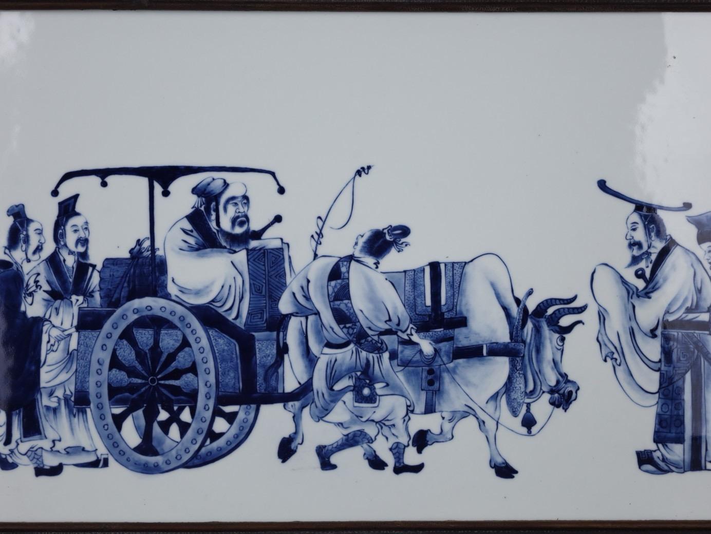 Vintage Chinese Handpainted Blue White Porcelain Plaque of Confucius Preaching For Sale 4