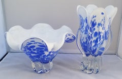 Vintage Blue and White Royal Gallery of Poland Hand Blown Glass Bowl and Vase