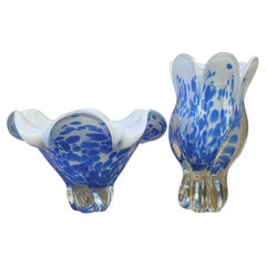 Vintage Blue and White Royal Gallery of Poland Hand Blown Glass Bowl and Vase