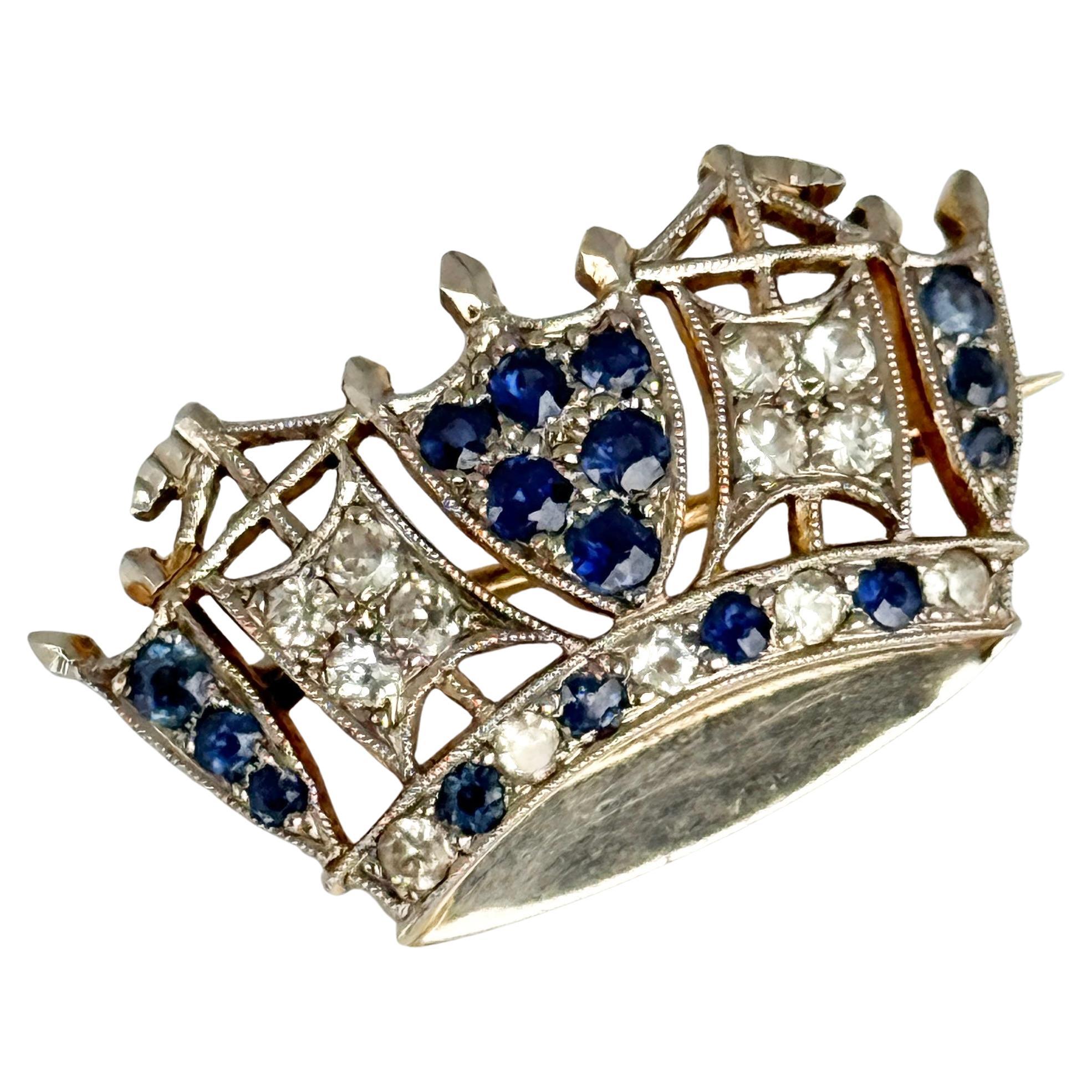 Vintage Blue and White Sapphire Crown 18 Carat White Gold Brooch