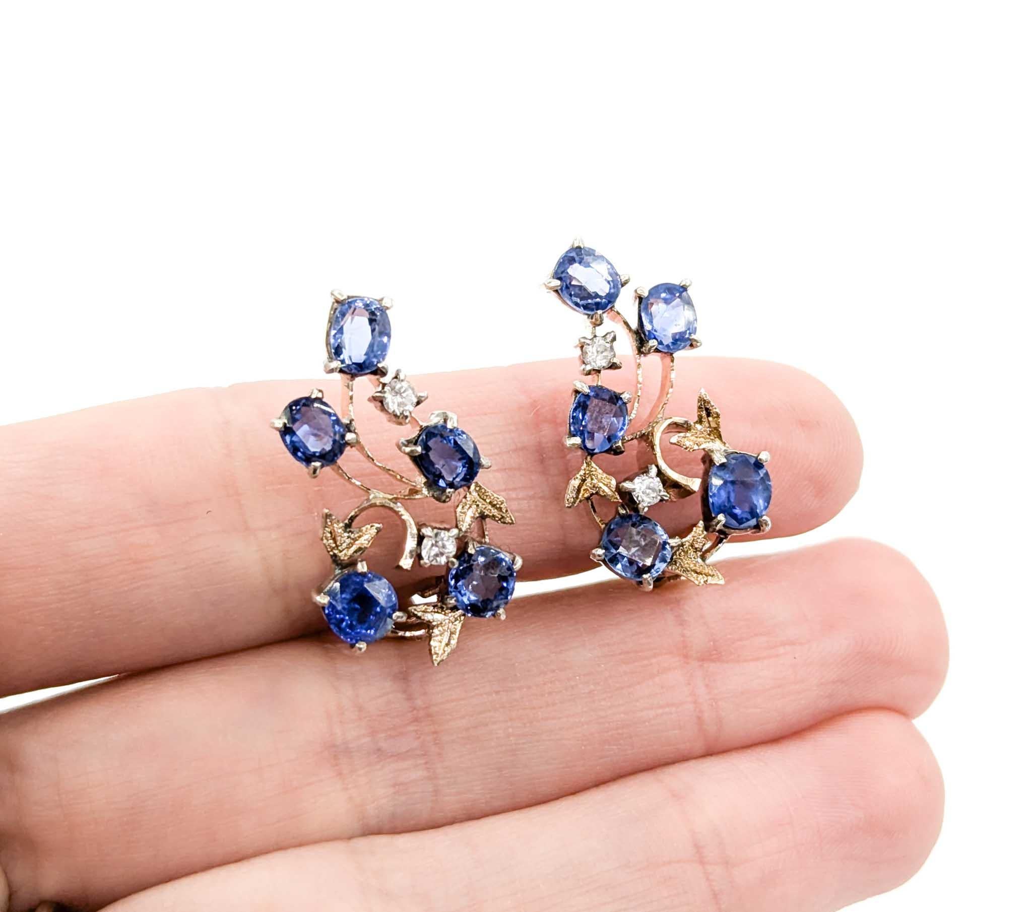 Retro Vintage Blue and White Sapphire Earrings in 10k Yellow Gold For Sale