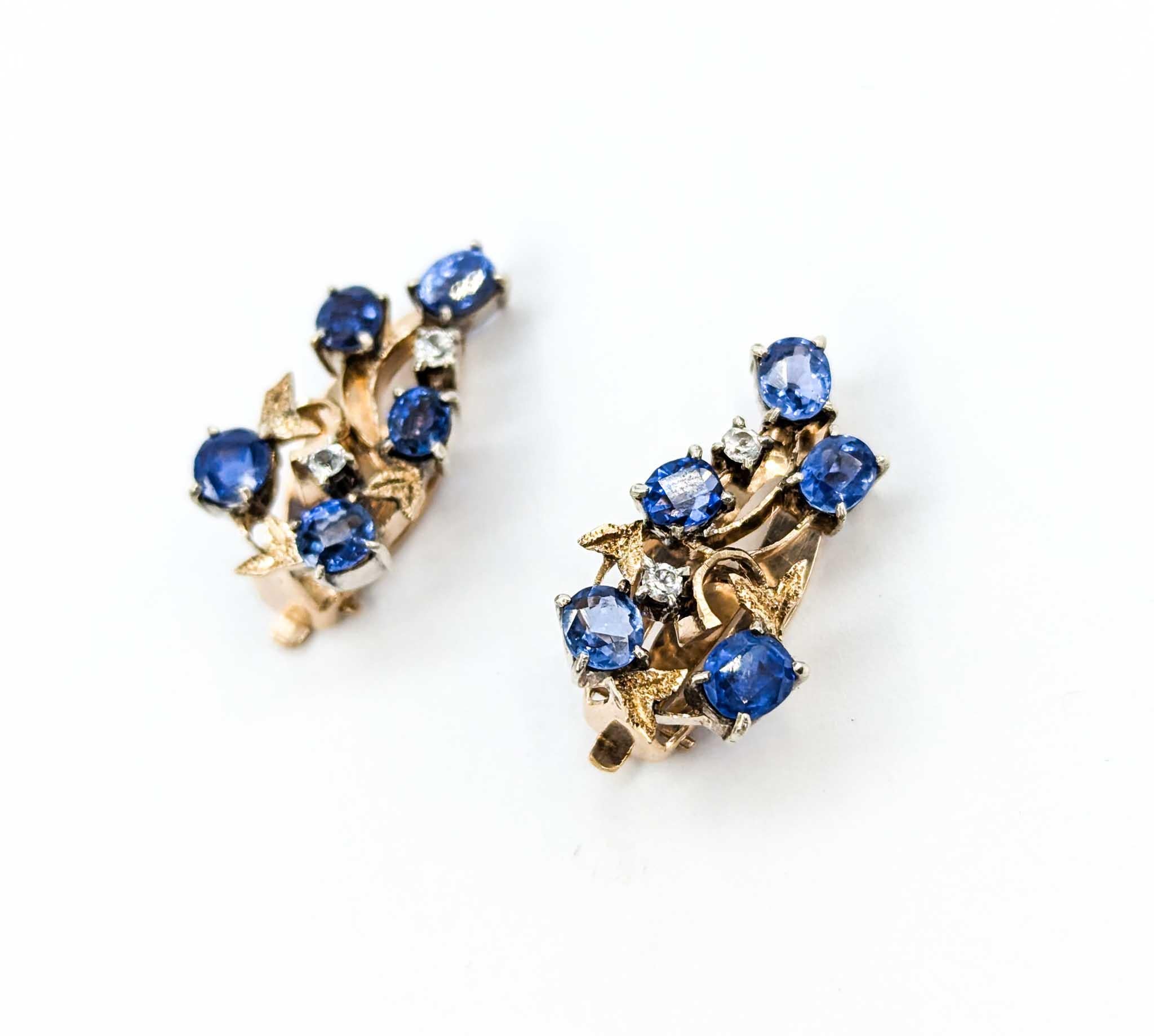 Vintage Blue and White Sapphire Earrings in 10k Yellow Gold For Sale 1