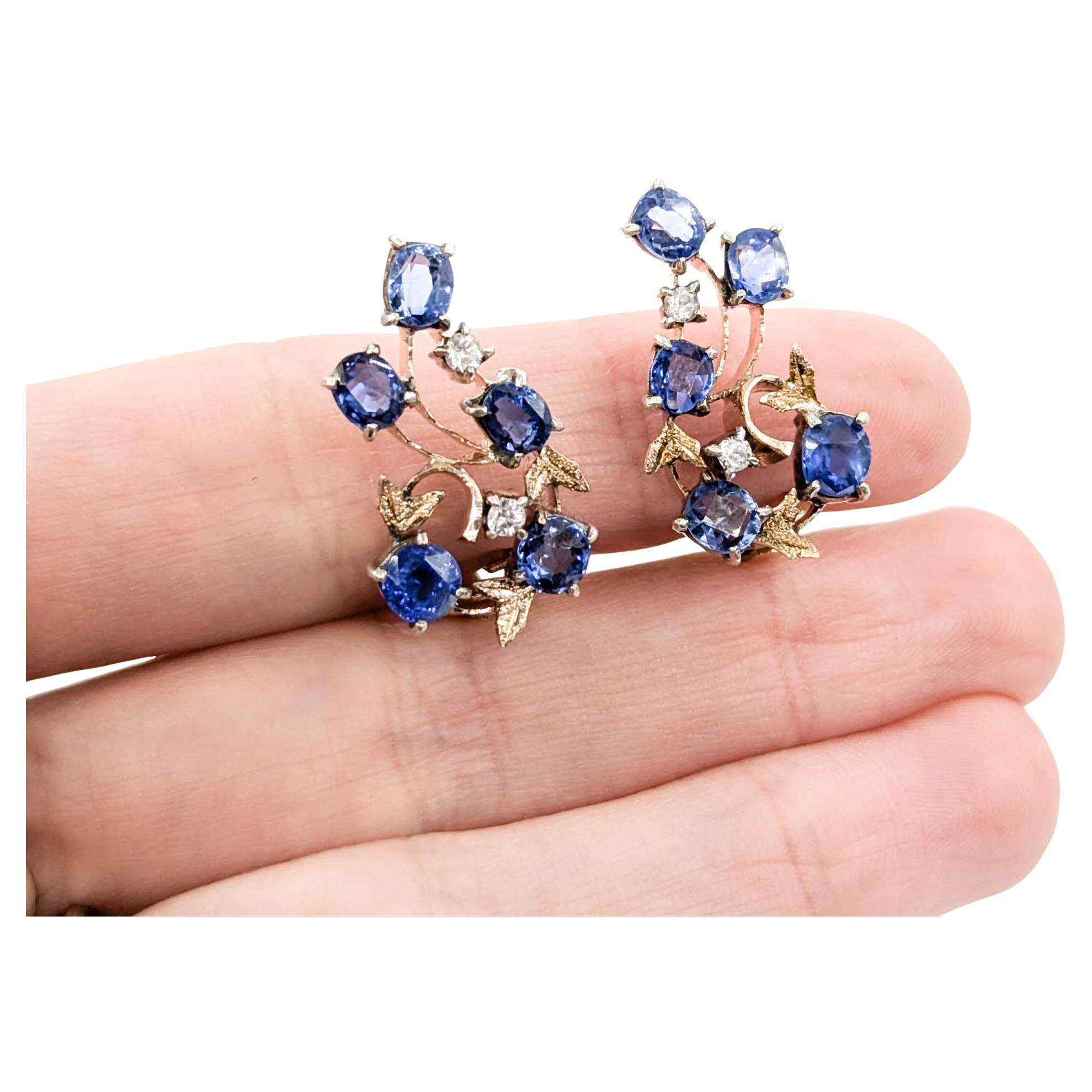 Vintage Blue and White Sapphire Earrings in 10k Yellow Gold For Sale