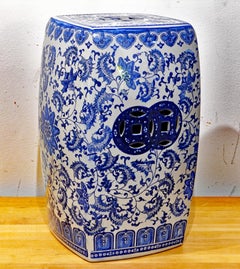 Vintage Blue and White Square Convex Reticulated Porcelain Garden Seat