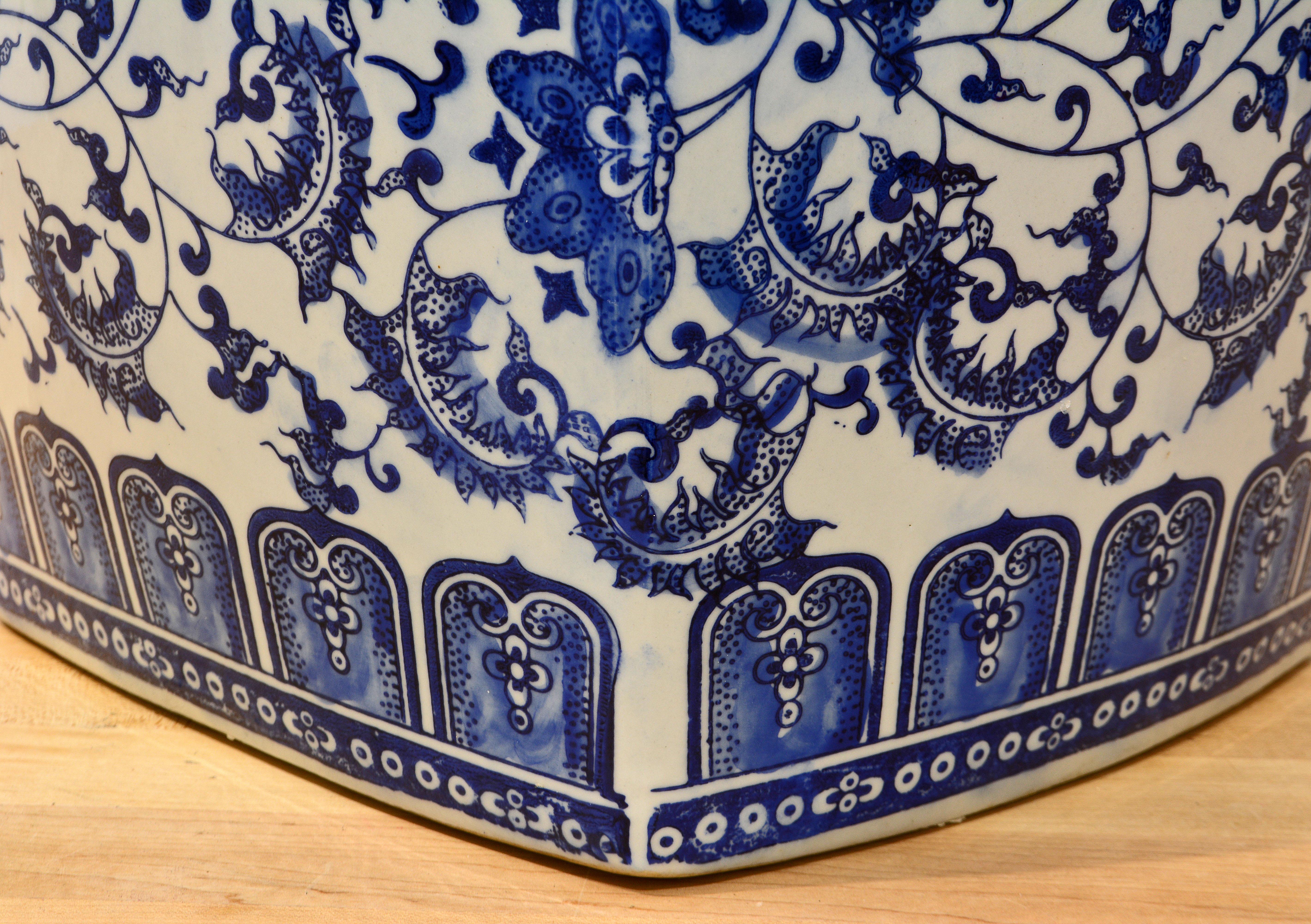 Vintage Blue and White Square Convex Reticulated Porcelain Garden Seat In Good Condition In Ft. Lauderdale, FL