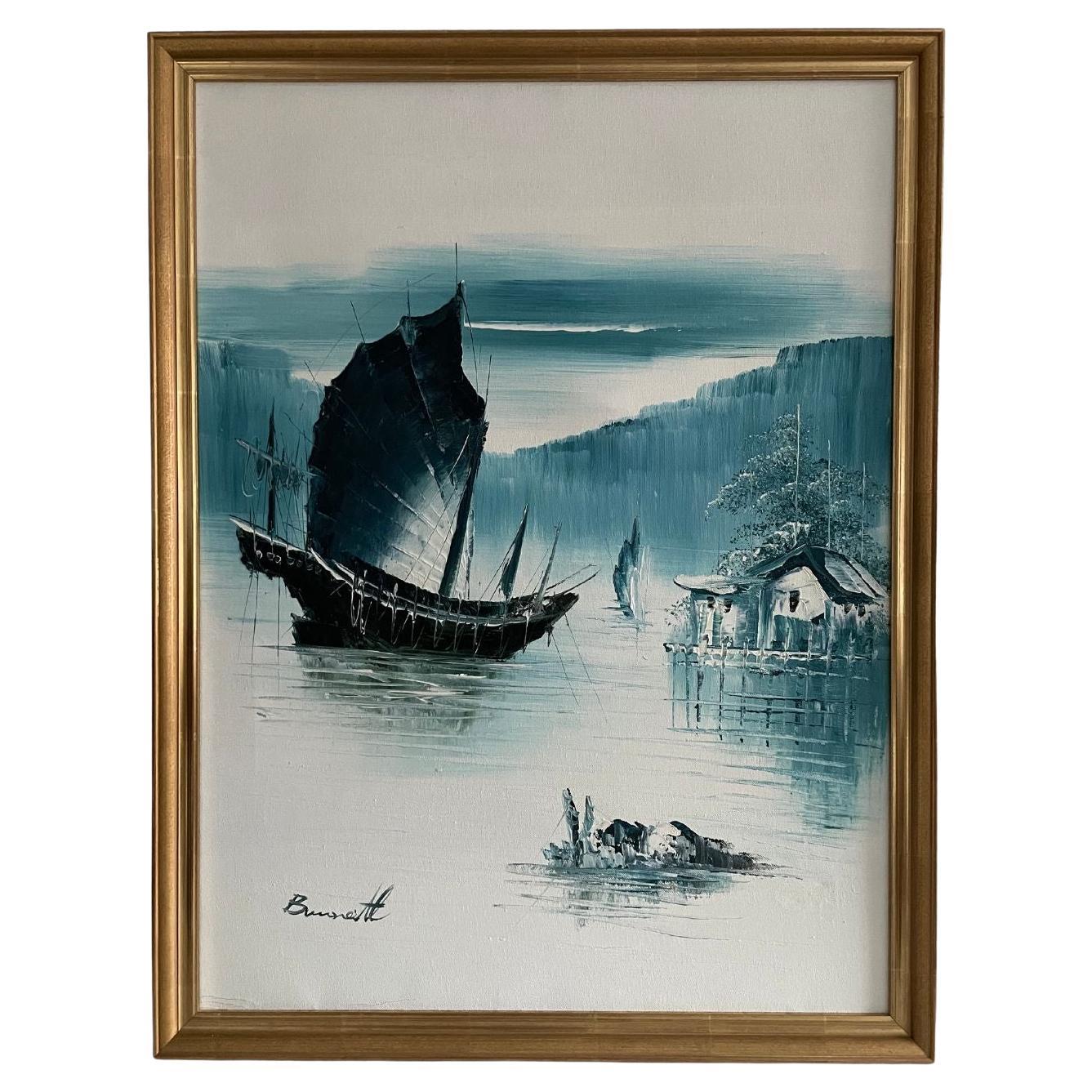 Vintage Blue and White Waterscape Painting For Sale