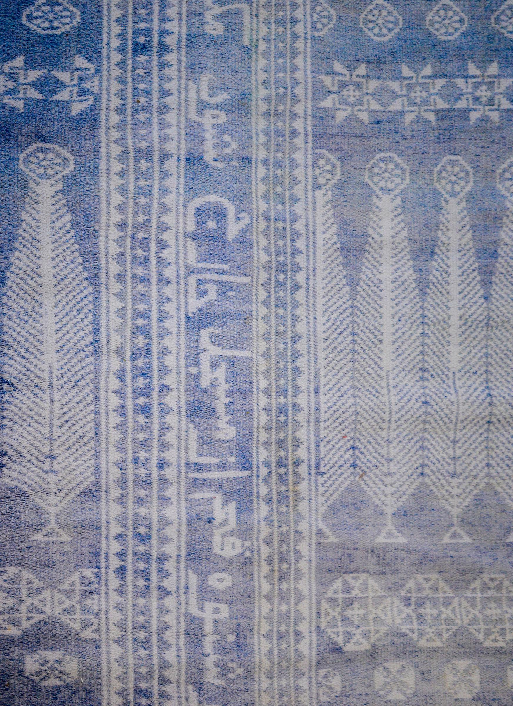 Cotton Vintage Blue and White Yadz Kilim
