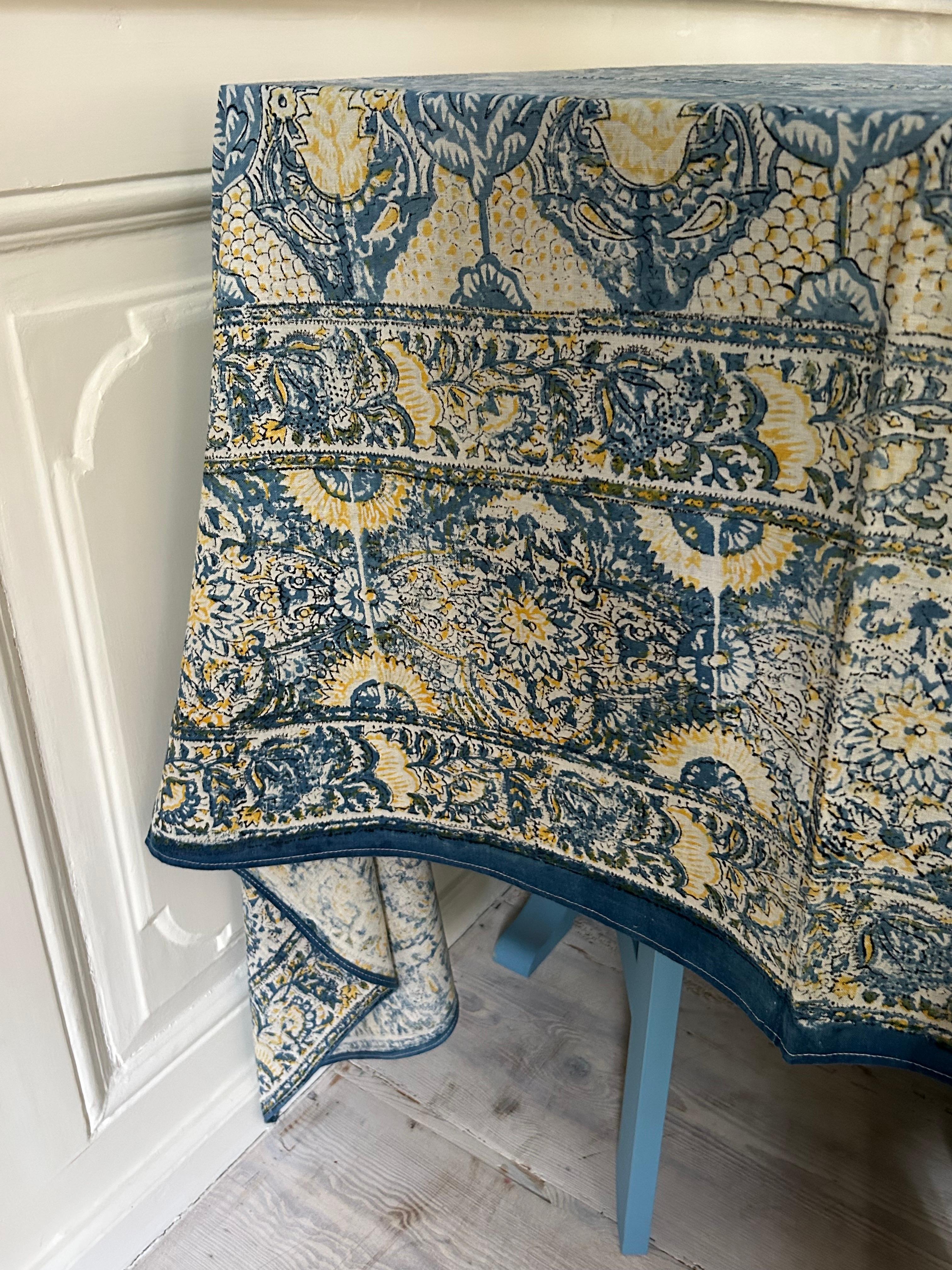 Vintage Blue and Yellow Block Printed Table Cloth, India, 1950s In Good Condition For Sale In Copenhagen K, DK