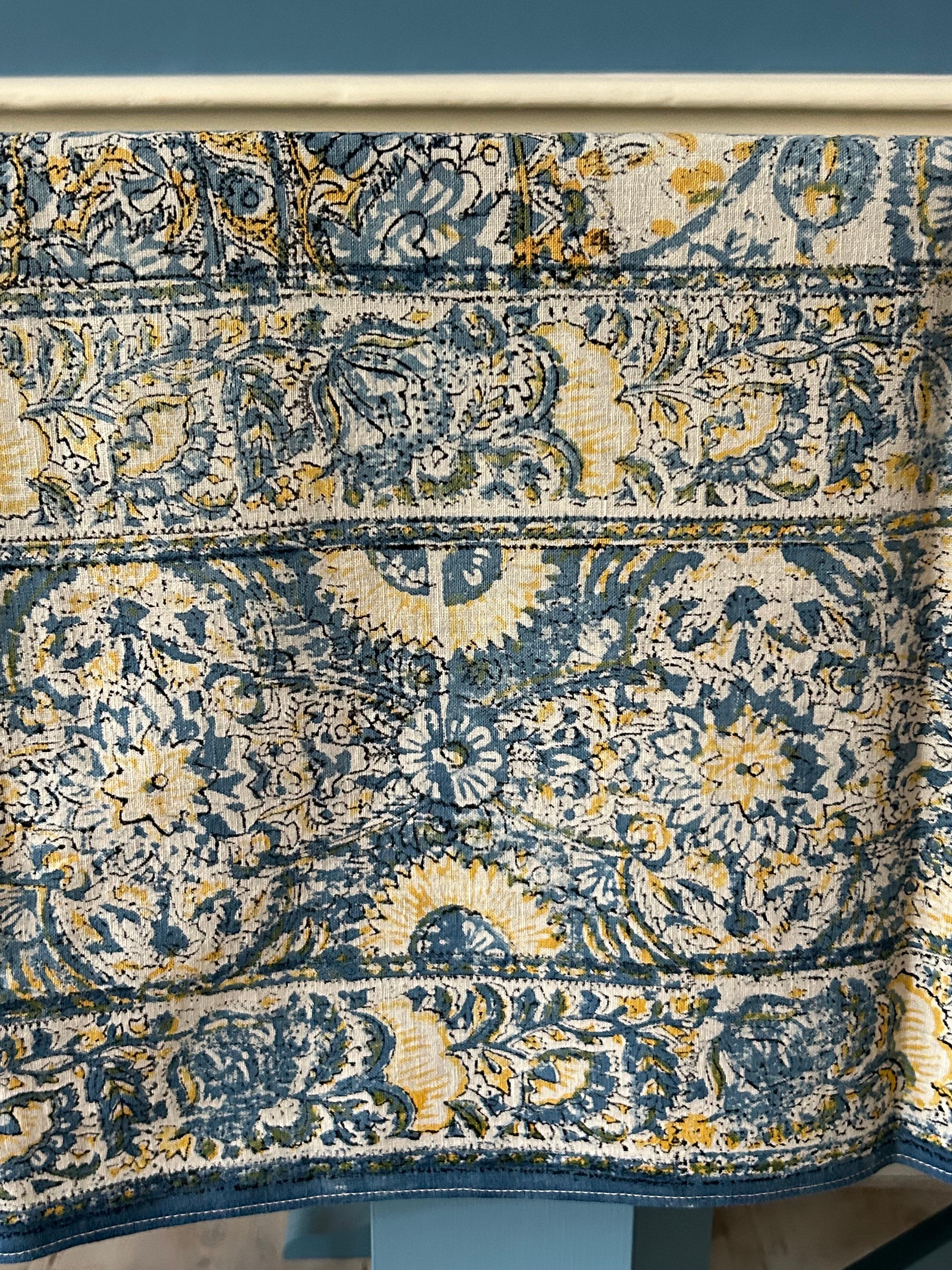 Mid-20th Century Vintage Blue and Yellow Block Printed Table Cloth, India, 1950s For Sale
