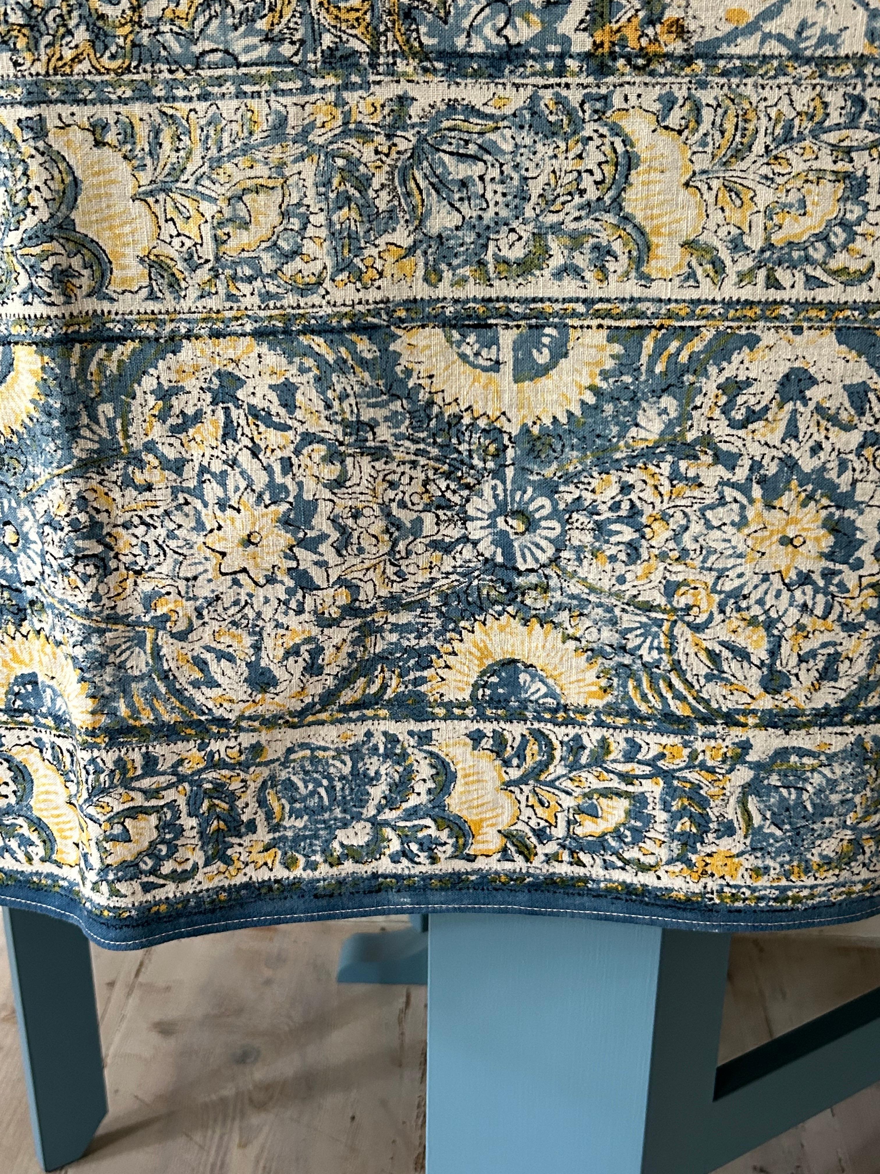 Cotton Vintage Blue and Yellow Block Printed Table Cloth, India, 1950s For Sale